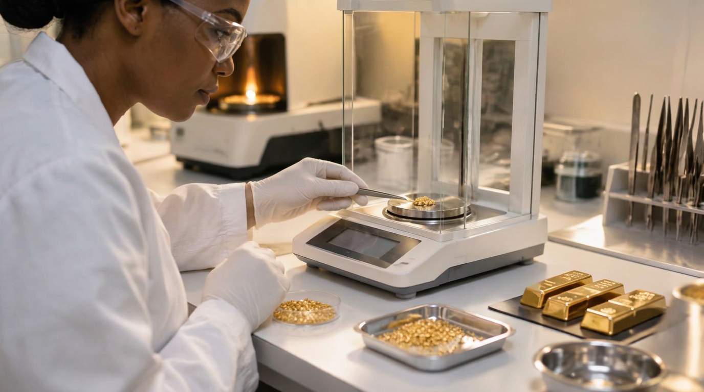 Laboratory professional weighing gold granules on a precision balance