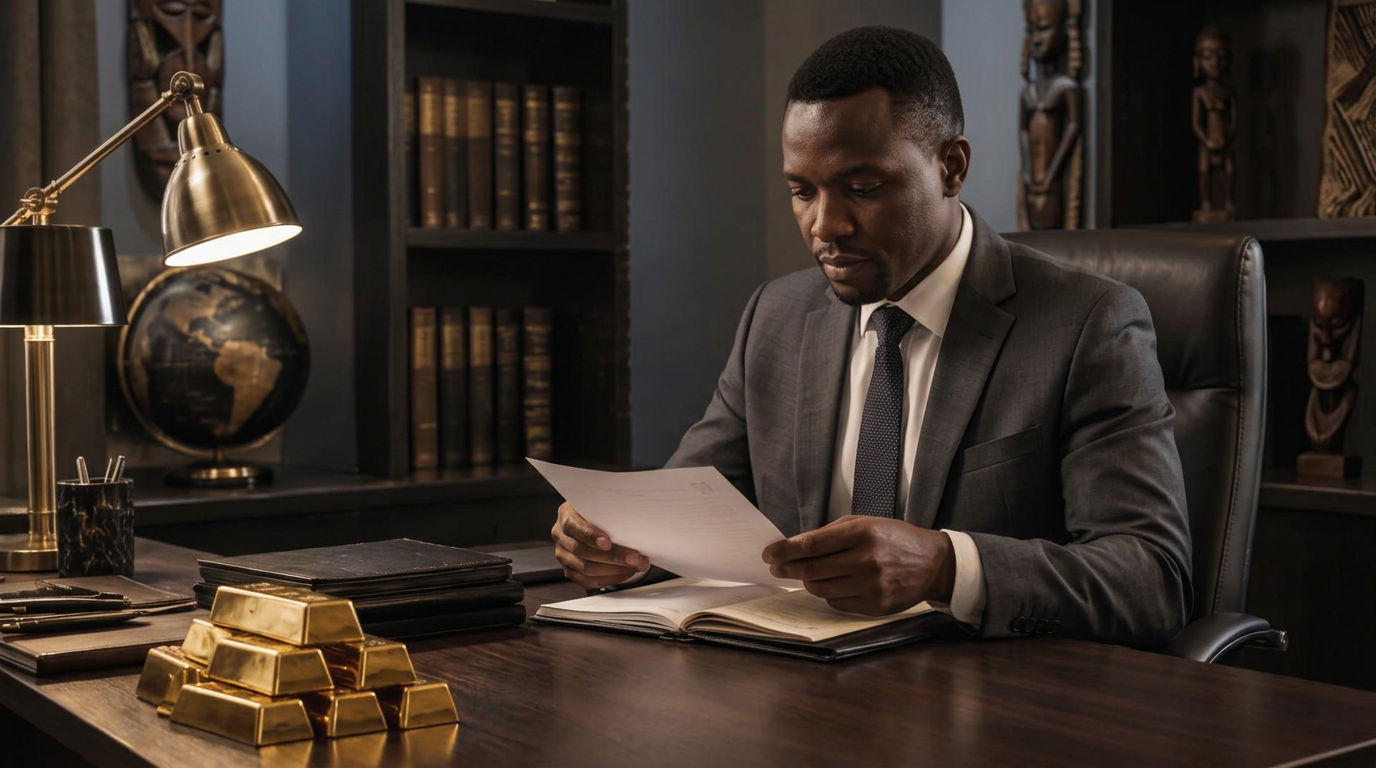 Gold bars beside document folders as a professional reviews papers