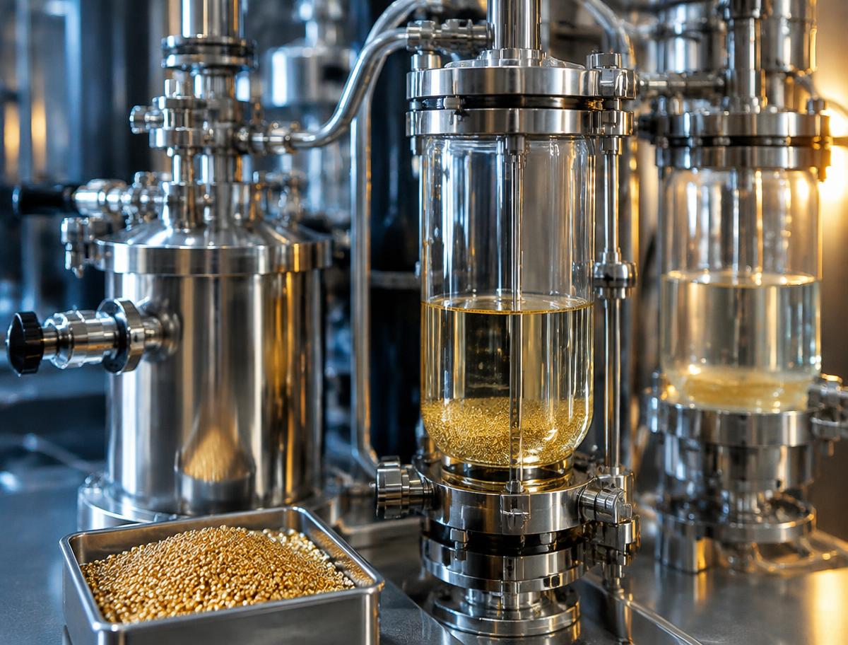 Glass and steel purification vessels beside a tray of gold granules