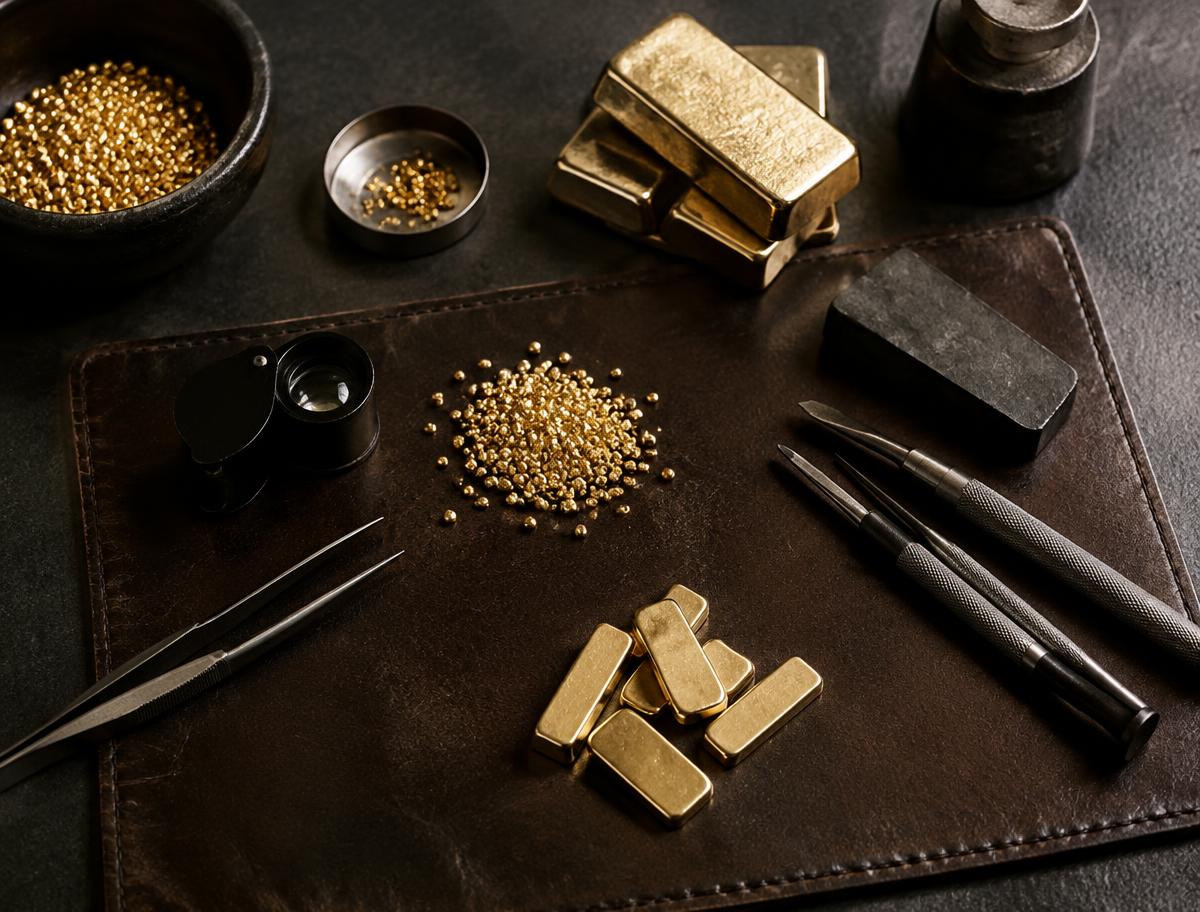 Gold granules, small bars and precision tools on a leather mat